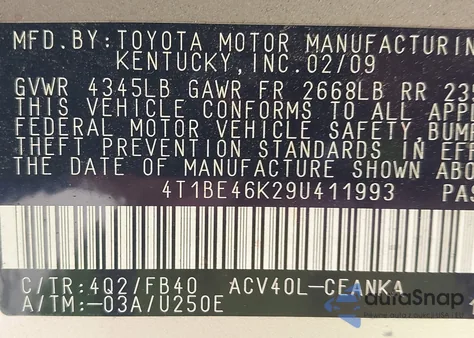 2009 Toyota Camry Le z USA, uszkodzony, nr VIN 4T1BE46K29U411993